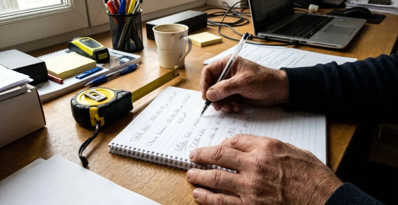 Mains rédigeant une liste d'inventaire de meubles sur un carnet avec mesures et calculs de volumes visibles, mètre ruban sur la table