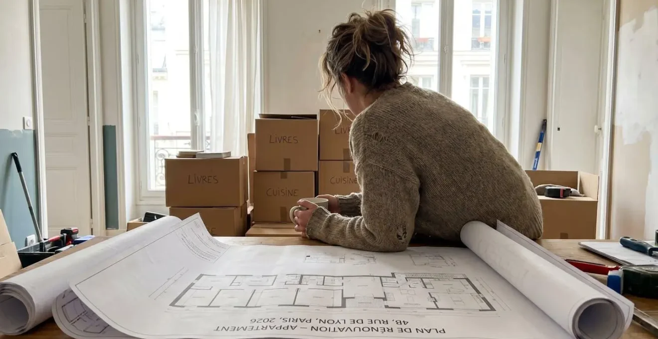 Personne consultant des plans de rénovation sur une table avec des cartons de déménagement empilés en arrière-plan dans un appartement