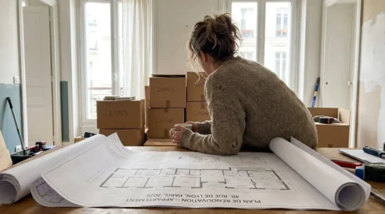 Personne consultant des plans de rénovation sur une table avec des cartons de déménagement empilés en arrière-plan dans un appartement