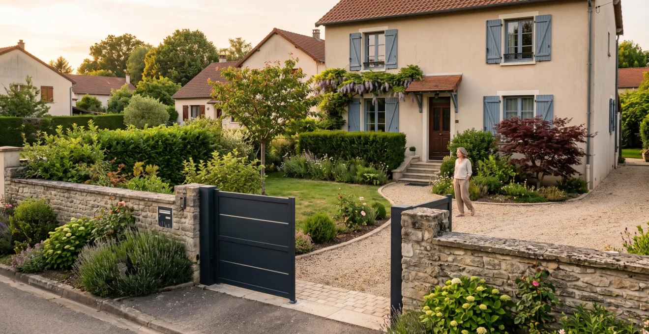 Vue large de la façade d'une maison française montrant le portail d'entrée intégré à l'aménagement extérieur
