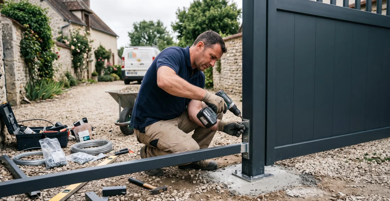 Installateur professionnel montant un nouveau portail résidentiel à l'entrée d'une propriété