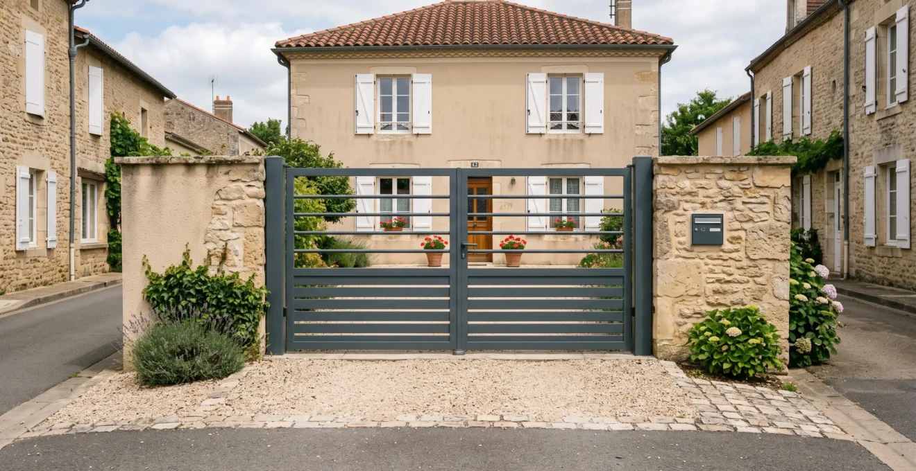 Portail métallique neuf installé à l'entrée d'une maison résidentielle française