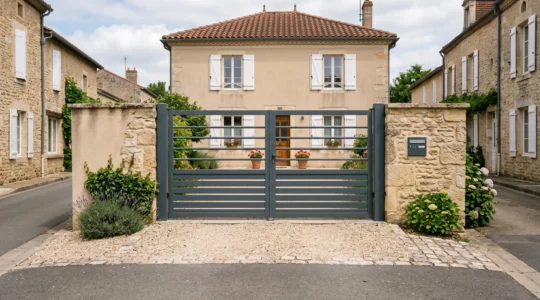 Portail métallique neuf installé à l'entrée d'une maison résidentielle française